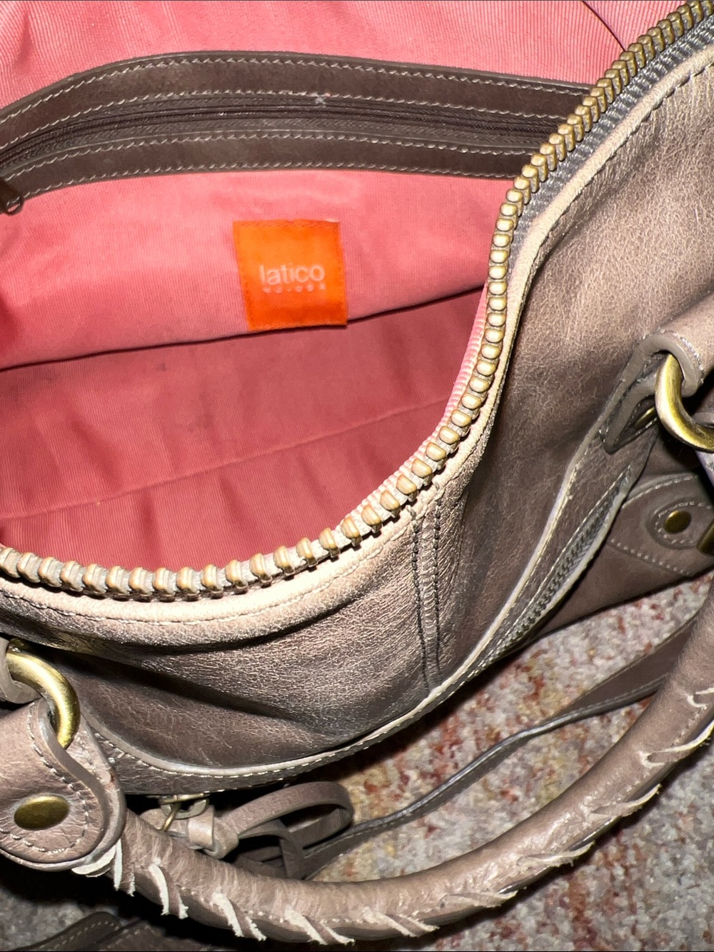 Latigo Taupe Leather Shoulder Bag with Coral-Pink Lining
